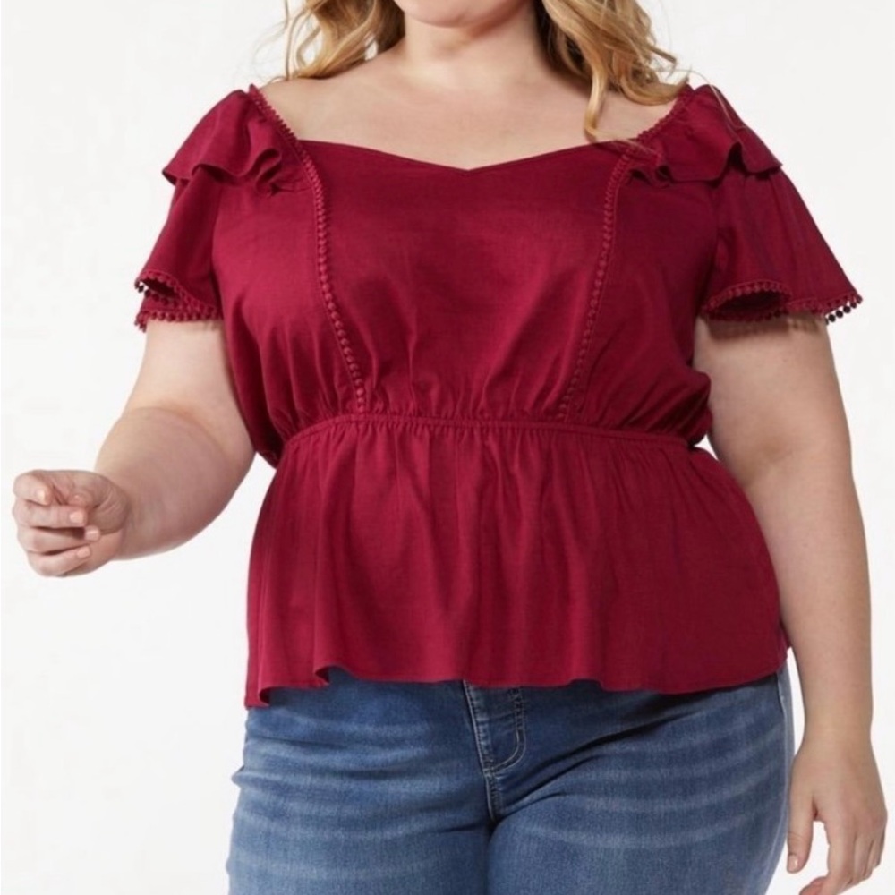 BNWT CATO 22/24 BURGUNDY CAP SHORT SLEEVE PEASANT SMOCKED WAIST CROPPED TOP